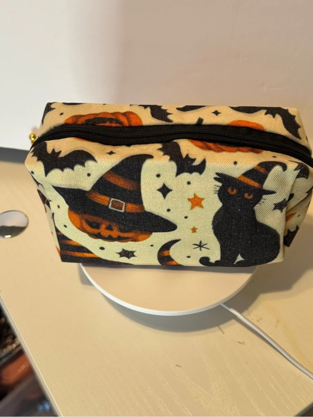 Halloween Cat & Pumpkin Cosmetic Bag - Black and Orange Canvas NWOT